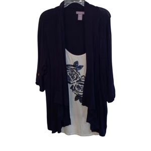 🌟Women’s plus size navy and white blouse with sequin flower appliqué